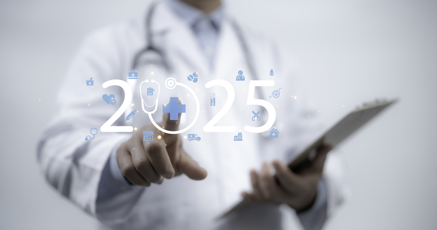 Doctor pointing futuristic medical icon with the year 2025, symbolizing healthcare advancement medical innovation and future technology. Ideal for content digital health trends and futuristic solution