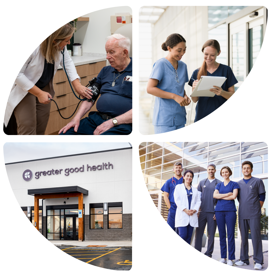 Collage of clinicians, patient meeting with provider, and the primary care clinic exterior.