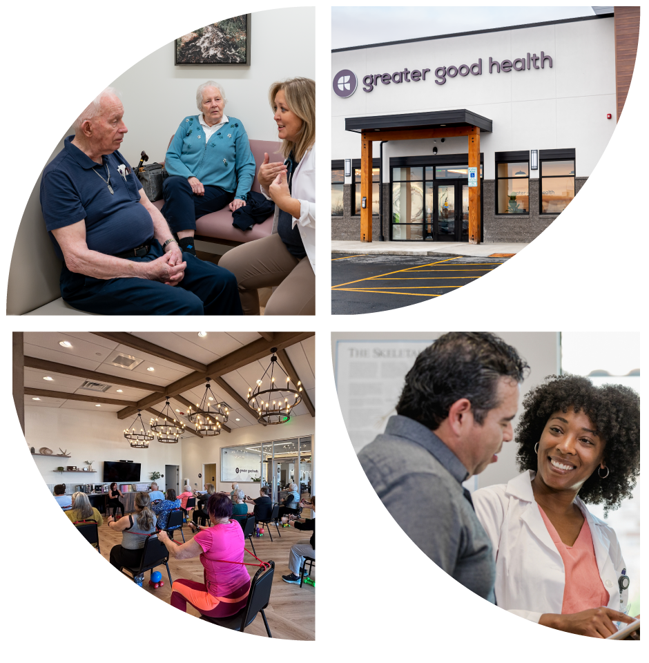 Collage of clinicians, patients meeting with provider, and the primary care clinic exterior.
