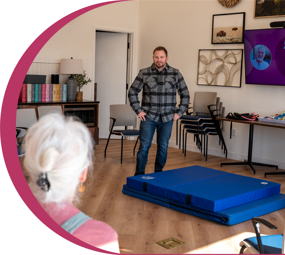 Greater Good Health community room hosting a class for seniors